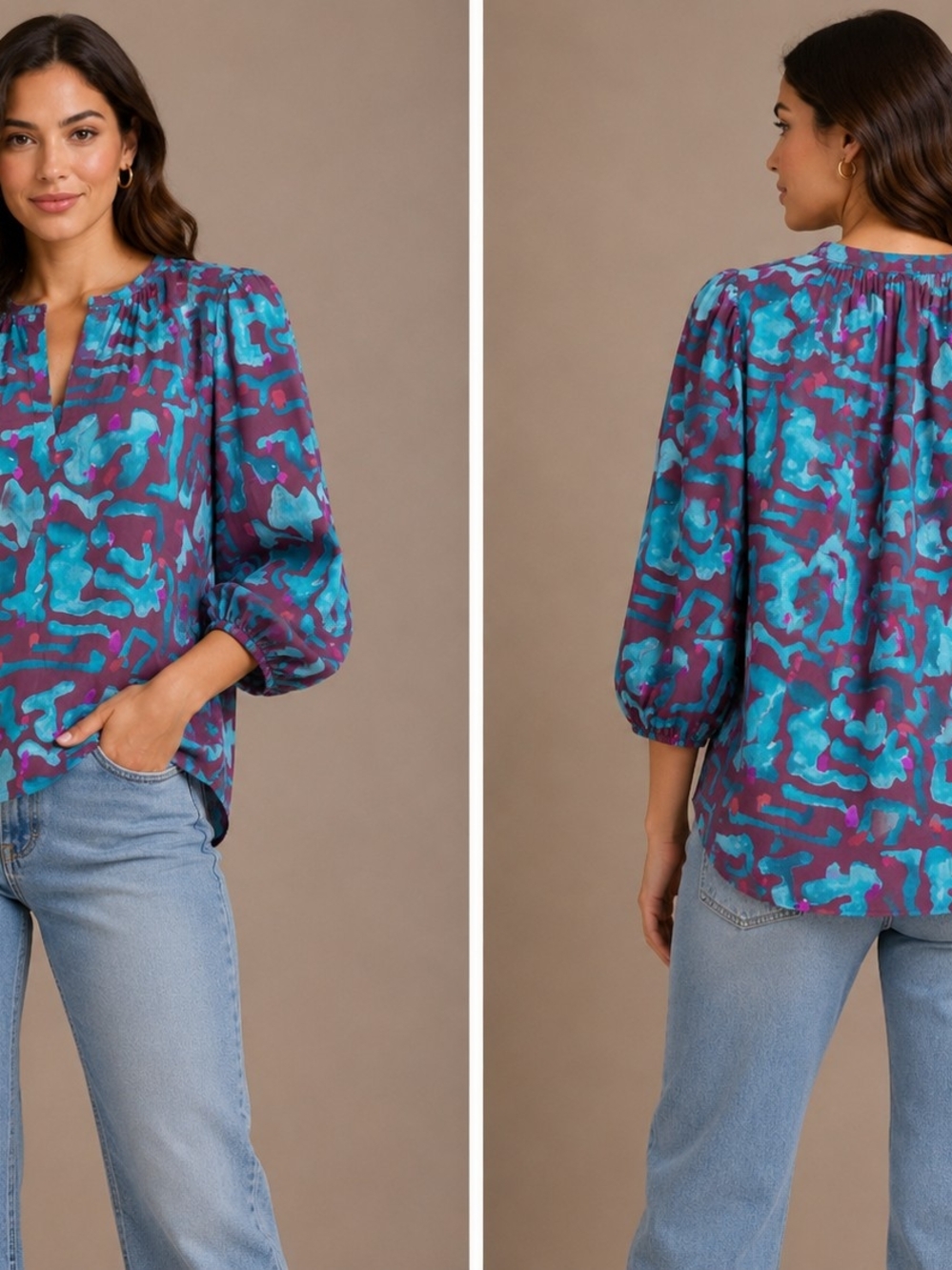 Blue & Purple Abstract Print Peasant Blouse#B31